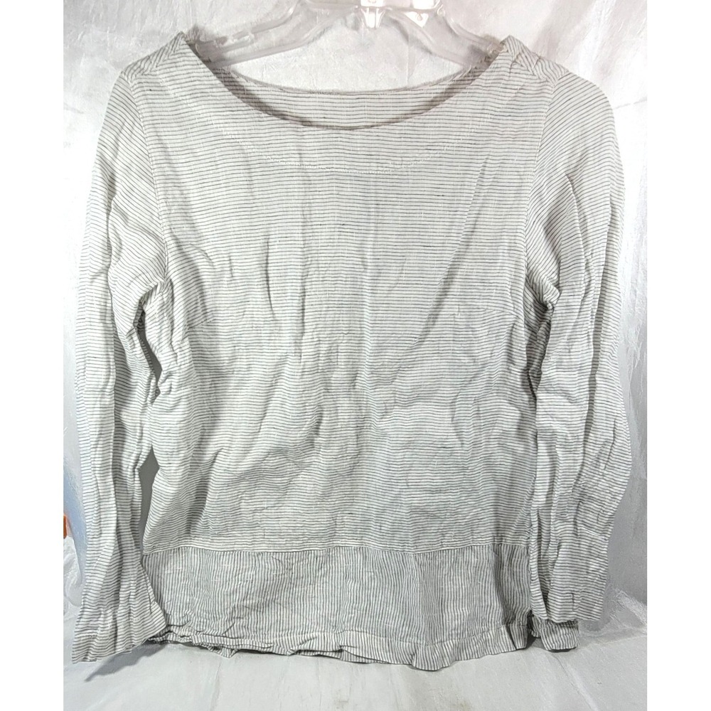 Tahari Women's 100% Linen Striped 3/4 Sleeves Boat Neck Blouse - White - Small